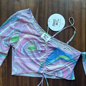 Princess Polly Purple Galaxy Print Off Shoulder Mesh Crop Top